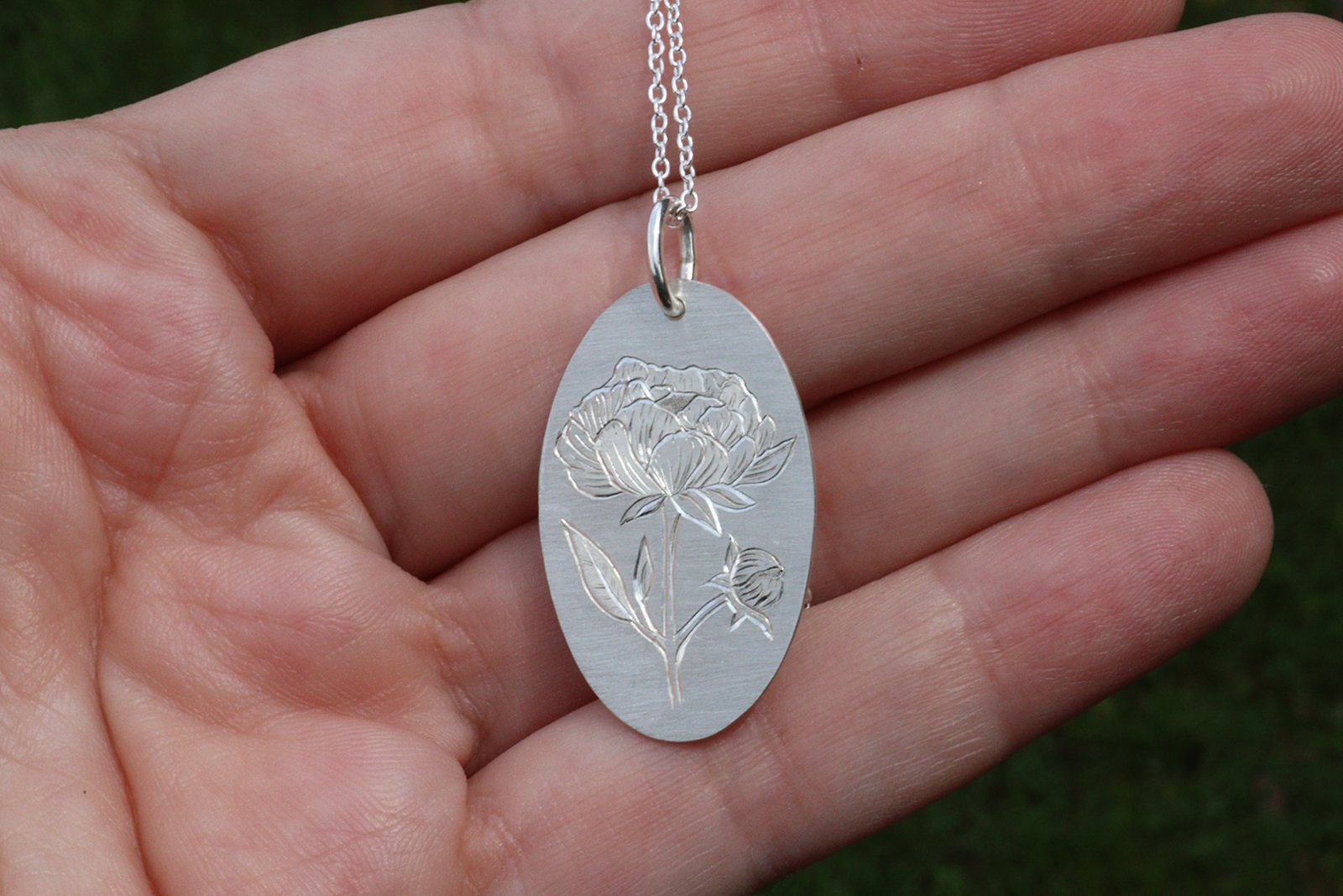 Hand engraved Peony Necklace